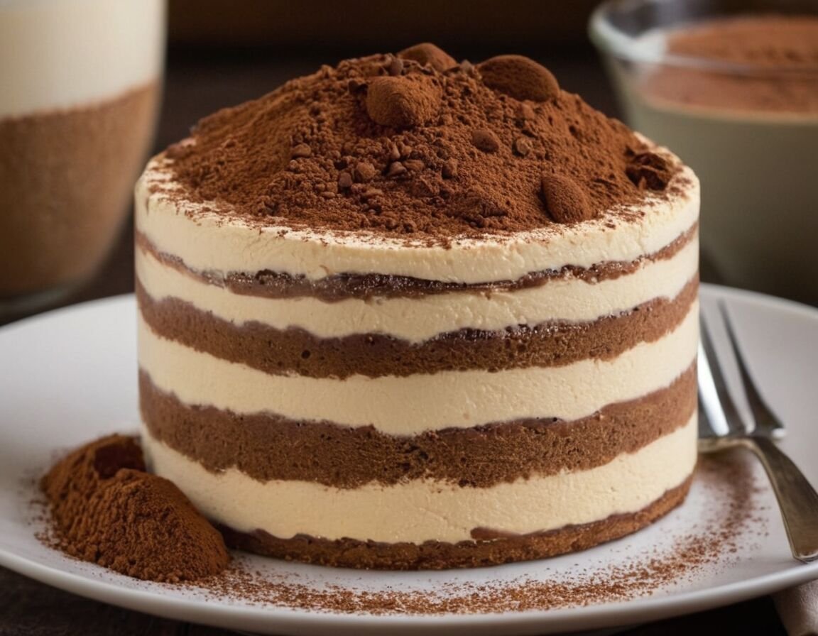 Mit Kakaopulver bestäuben vor dem Servieren - Tiramisu ohne Ei und Alkohol: Das perfekte Rezept für einen genussvollen Nachtisch ohne Reue