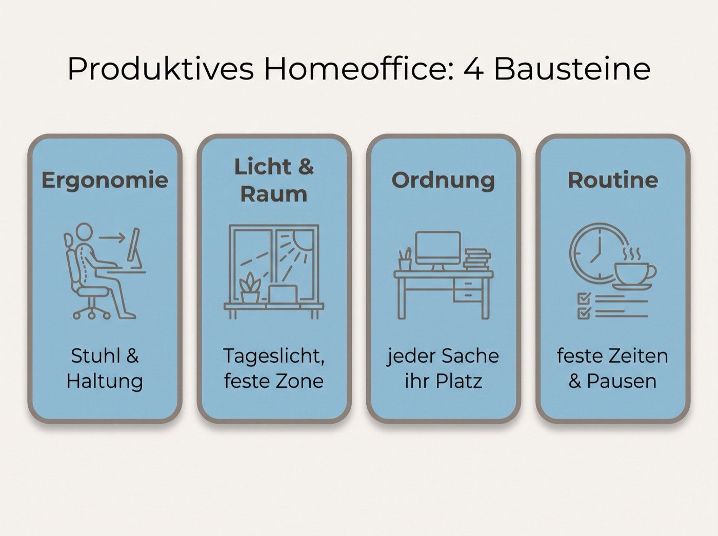 Infografik: die vier Bausteine eines produktiven Homeoffice