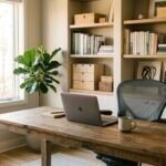 Aufgeräumter, ergonomischer Homeoffice-Arbeitsplatz mit gutem Licht und Pflanzen
