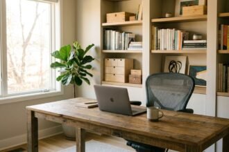 Aufgeräumter, ergonomischer Homeoffice-Arbeitsplatz mit gutem Licht und Pflanzen