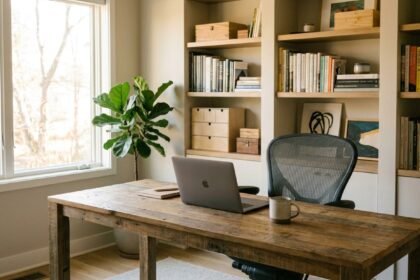 Aufgeräumter, ergonomischer Homeoffice-Arbeitsplatz mit gutem Licht und Pflanzen