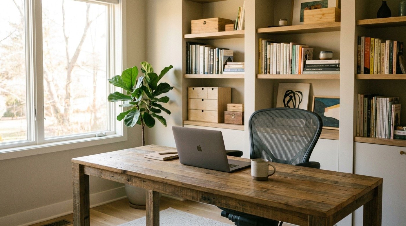 Aufgeräumter, ergonomischer Homeoffice-Arbeitsplatz mit gutem Licht und Pflanzen