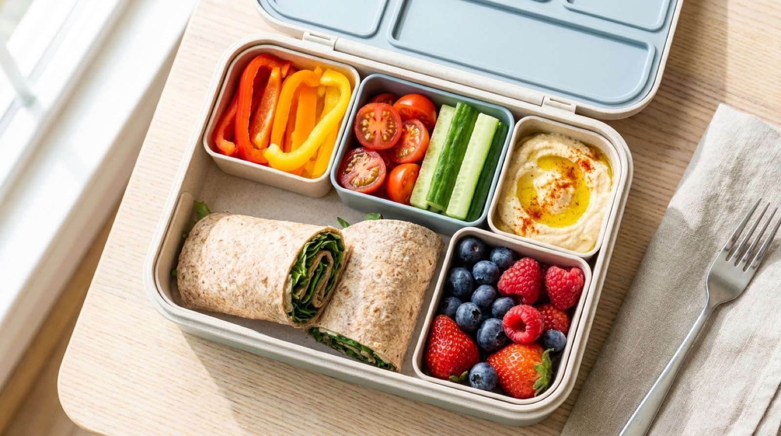 Bunte gesunde Lunchbox für gesundes Essen trotz Stress